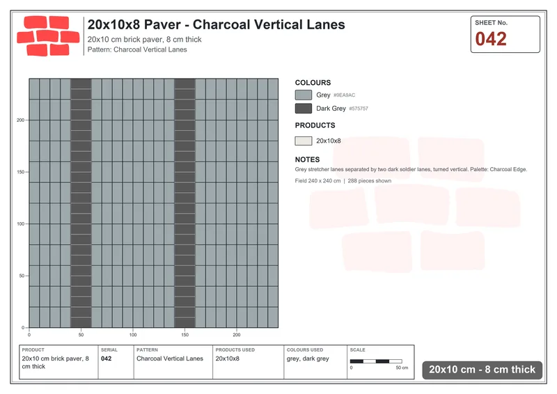 Interlock (Pasco) 20x10 cm · RC21T8-42 · Charcoal Vertical Lanes · Laying plan Interlock (Pasco) 20x10 cm · RC21T8-42 · Charcoal Vertical Lanes · Laying plan