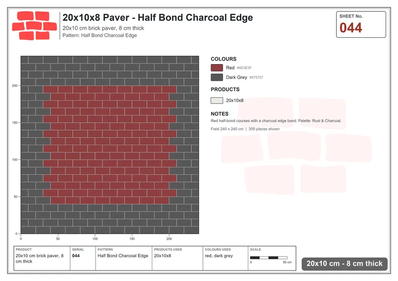 Interlock (Pasco) 20x10 cm · RC21T8-44 · Half Bond Charcoal Edge · Laying plan Interlock (Pasco) 20x10 cm · RC21T8-44 · Half Bond Charcoal Edge · Laying plan