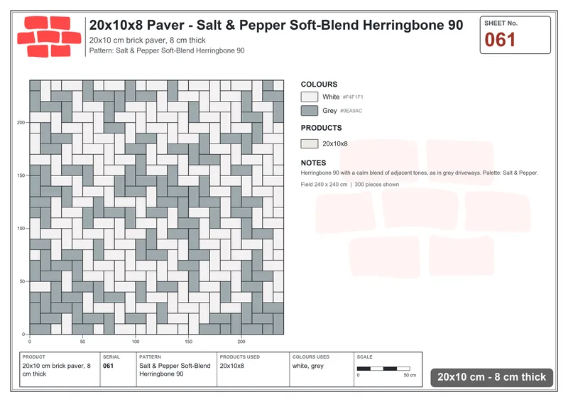 Interlock (Pasco) 20x10 cm · RC21T8-61 · Salt & Pepper Soft-Blend Herringbone 90 · Laying plan Interlock (Pasco) 20x10 cm · RC21T8-61 · Salt & Pepper Soft-Blend Herringbone 90 · Laying plan
