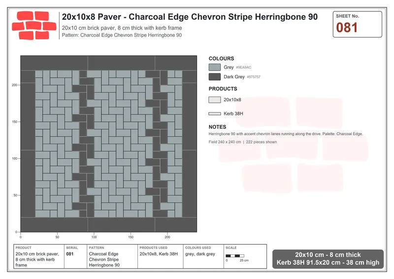 Interlock (Pasco) 20x10 cm · RC21T8-81 · Charcoal Edge Chevron Stripe Herringbone 90 · Laying plan Interlock (Pasco) 20x10 cm · RC21T8-81 · Charcoal Edge Chevron Stripe Herringbone 90 · Laying plan