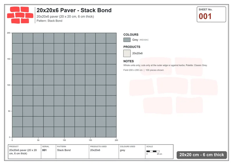 Interlock (Pasco) 20x20 cm · SQ22-1 · Stack Bond · Laying plan Interlock (Pasco) 20x20 cm · SQ22-1 · Stack Bond · Laying plan