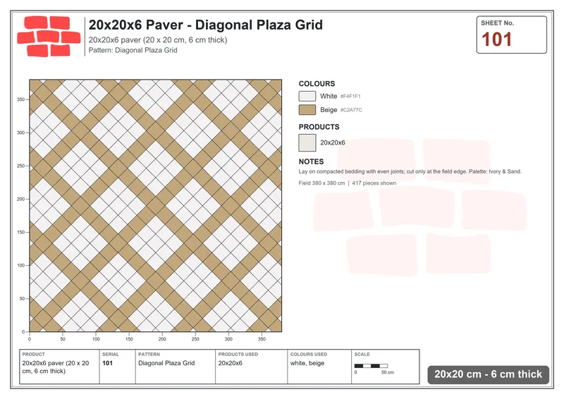 Interlock (Pasco) 20x20 cm · SQ22-101 · Diagonal Plaza Grid · Laying plan Interlock (Pasco) 20x20 cm · SQ22-101 · Diagonal Plaza Grid · Laying plan