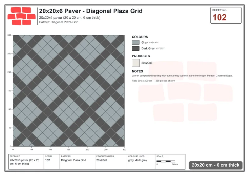 Interlock (Pasco) 20x20 cm · SQ22-102 · Diagonal Plaza Grid · Laying plan Interlock (Pasco) 20x20 cm · SQ22-102 · Diagonal Plaza Grid · Laying plan