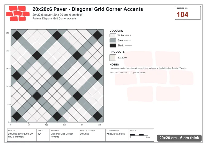 Interlock (Pasco) 20x20 cm · SQ22-104 · Diagonal Grid Corner Accents · Laying plan Interlock (Pasco) 20x20 cm · SQ22-104 · Diagonal Grid Corner Accents · Laying plan