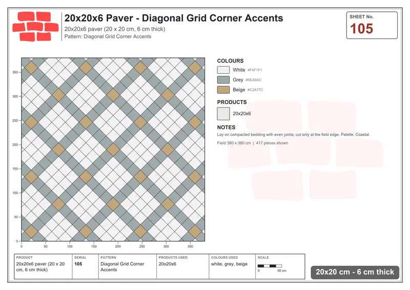 Interlock (Pasco) 20x20 cm · SQ22-105 · Diagonal Grid Corner Accents · Laying plan Interlock (Pasco) 20x20 cm · SQ22-105 · Diagonal Grid Corner Accents · Laying plan