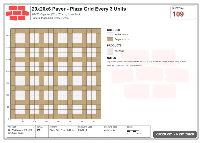 Interlock (Pasco) 20x20 cm · SQ22-109 · Plaza Grid Every 3 Units · Laying plan Interlock (Pasco) 20x20 cm · SQ22-109 · Plaza Grid Every 3 Units · Laying plan