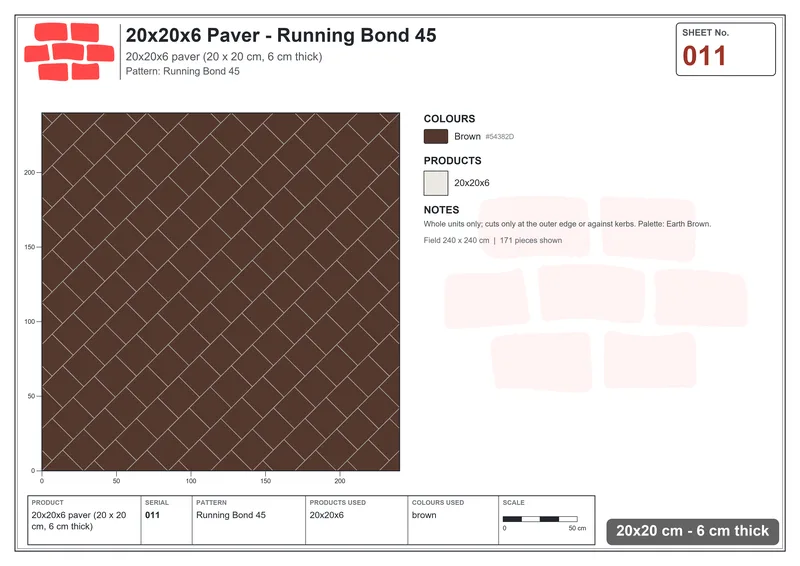 Interlock (Pasco) 20x20 cm · SQ22-11 · Running Bond 45 · Laying plan Interlock (Pasco) 20x20 cm · SQ22-11 · Running Bond 45 · Laying plan