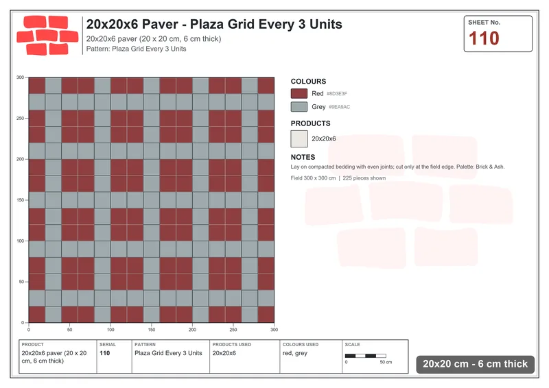 Interlock (Pasco) 20x20 cm · SQ22-110 · Plaza Grid Every 3 Units · Laying plan Interlock (Pasco) 20x20 cm · SQ22-110 · Plaza Grid Every 3 Units · Laying plan
