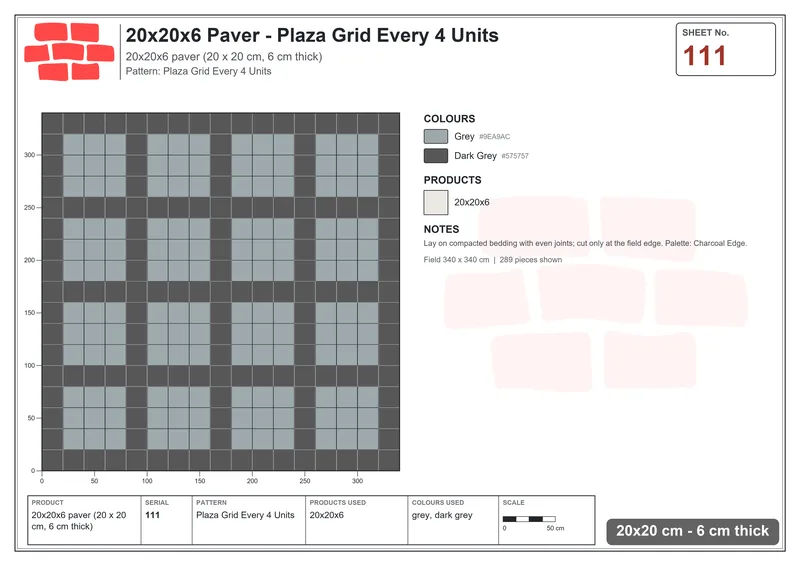 Interlock (Pasco) 20x20 cm · SQ22-111 · Plaza Grid Every 4 Units · Laying plan Interlock (Pasco) 20x20 cm · SQ22-111 · Plaza Grid Every 4 Units · Laying plan