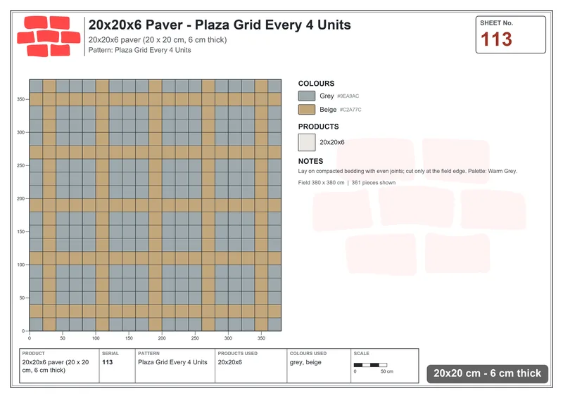 Interlock (Pasco) 20x20 cm · SQ22-113 · Plaza Grid Every 4 Units · Laying plan Interlock (Pasco) 20x20 cm · SQ22-113 · Plaza Grid Every 4 Units · Laying plan