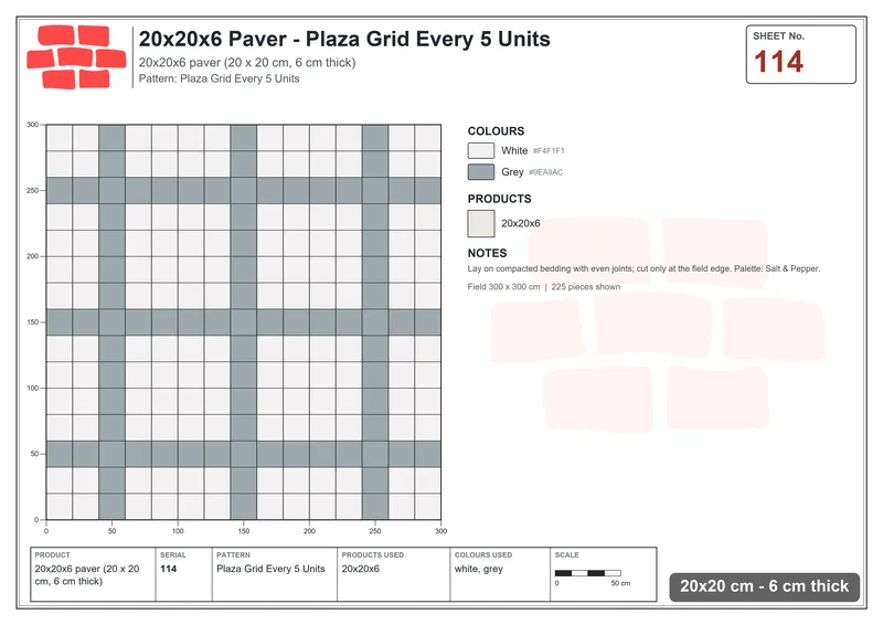 Interlock (Pasco) 20x20 cm · SQ22-114 · Plaza Grid Every 5 Units · Laying plan Interlock (Pasco) 20x20 cm · SQ22-114 · Plaza Grid Every 5 Units · Laying plan