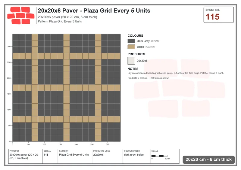 Interlock (Pasco) 20x20 cm · SQ22-115 · Plaza Grid Every 5 Units · Laying plan Interlock (Pasco) 20x20 cm · SQ22-115 · Plaza Grid Every 5 Units · Laying plan