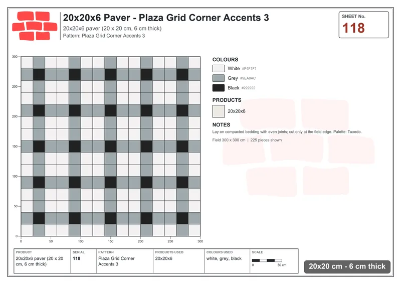 Interlock (Pasco) 20x20 cm · SQ22-118 · Plaza Grid Corner Accents 3 · Laying plan Interlock (Pasco) 20x20 cm · SQ22-118 · Plaza Grid Corner Accents 3 · Laying plan