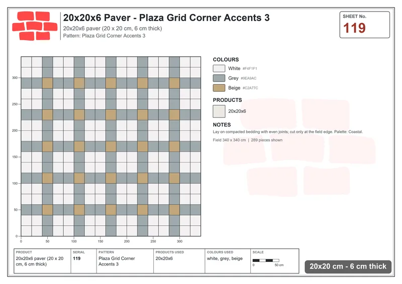 Interlock (Pasco) 20x20 cm · SQ22-119 · Plaza Grid Corner Accents 3 · Laying plan Interlock (Pasco) 20x20 cm · SQ22-119 · Plaza Grid Corner Accents 3 · Laying plan