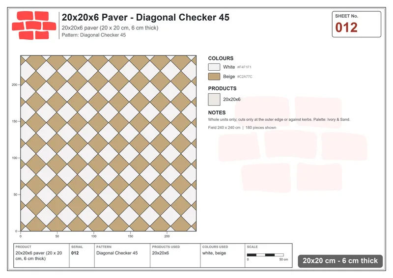 Interlock (Pasco) 20x20 cm · SQ22-12 · Diagonal Checker 45 · Laying plan Interlock (Pasco) 20x20 cm · SQ22-12 · Diagonal Checker 45 · Laying plan