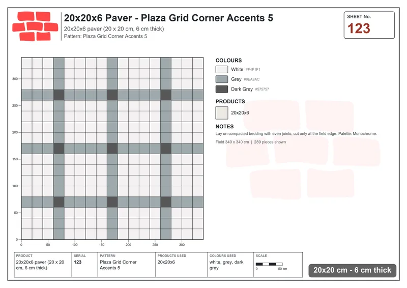 Interlock (Pasco) 20x20 cm · SQ22-123 · Plaza Grid Corner Accents 5 · Laying plan Interlock (Pasco) 20x20 cm · SQ22-123 · Plaza Grid Corner Accents 5 · Laying plan