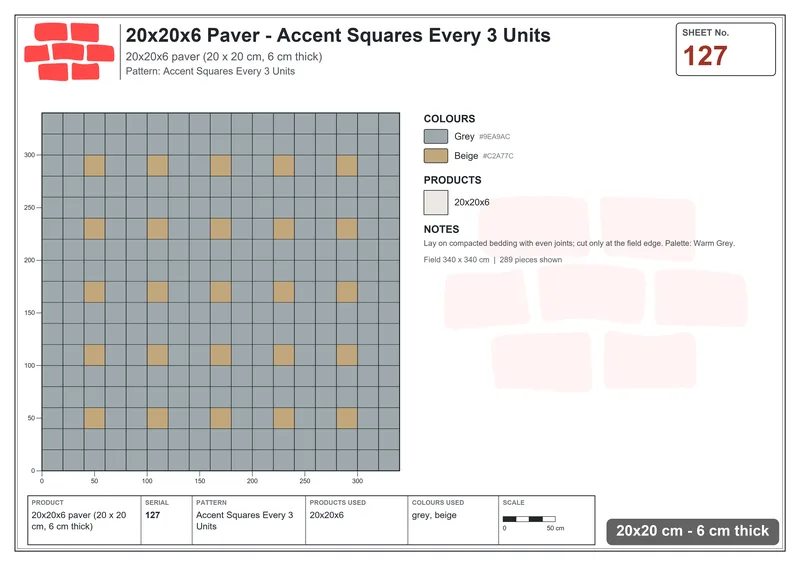 Interlock (Pasco) 20x20 cm · SQ22-127 · Accent Squares Every 3 Units · Laying plan Interlock (Pasco) 20x20 cm · SQ22-127 · Accent Squares Every 3 Units · Laying plan