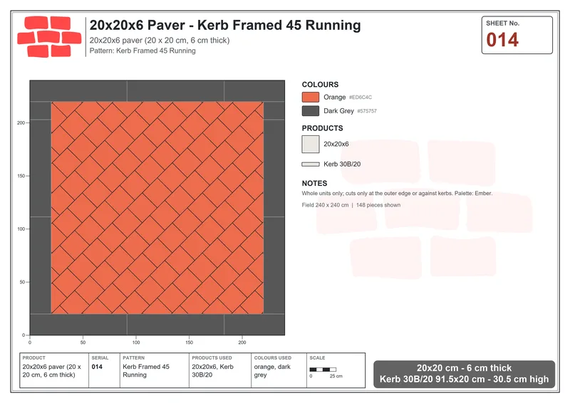 Interlock (Pasco) 20x20 cm · SQ22-14 · Kerb Framed 45 Running · Laying plan Interlock (Pasco) 20x20 cm · SQ22-14 · Kerb Framed 45 Running · Laying plan