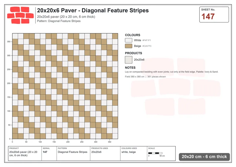 Interlock (Pasco) 20x20 cm · SQ22-147 · Diagonal Feature Stripes · Laying plan Interlock (Pasco) 20x20 cm · SQ22-147 · Diagonal Feature Stripes · Laying plan