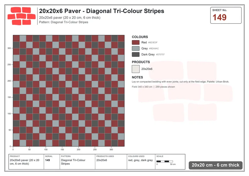 Interlock (Pasco) 20x20 cm · SQ22-149 · Diagonal Tri-Colour Stripes · Laying plan Interlock (Pasco) 20x20 cm · SQ22-149 · Diagonal Tri-Colour Stripes · Laying plan