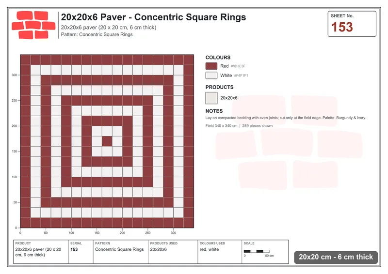 Interlock (Pasco) 20x20 cm · SQ22-153 · Concentric Square Rings · Laying plan Interlock (Pasco) 20x20 cm · SQ22-153 · Concentric Square Rings · Laying plan