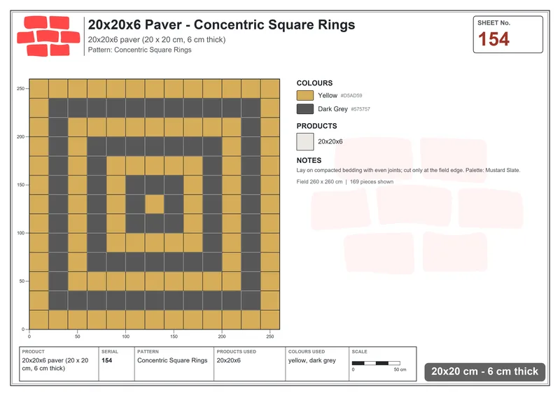 Interlock (Pasco) 20x20 cm · SQ22-154 · Concentric Square Rings · Laying plan Interlock (Pasco) 20x20 cm · SQ22-154 · Concentric Square Rings · Laying plan