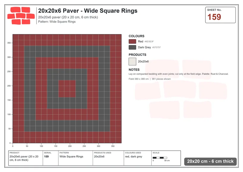 Interlock (Pasco) 20x20 cm · SQ22-159 · Wide Square Rings · Laying plan Interlock (Pasco) 20x20 cm · SQ22-159 · Wide Square Rings · Laying plan
