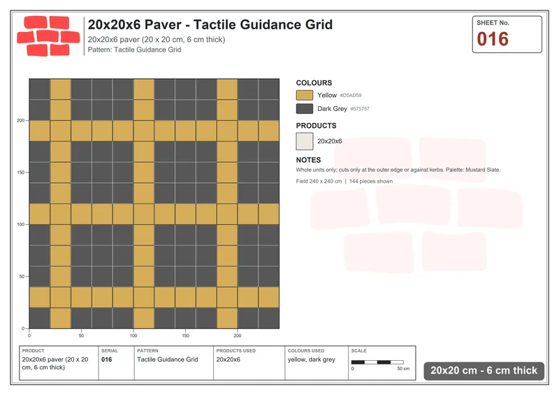 Interlock (Pasco) 20x20 cm · SQ22-16 · Tactile Guidance Grid · Laying plan Interlock (Pasco) 20x20 cm · SQ22-16 · Tactile Guidance Grid · Laying plan