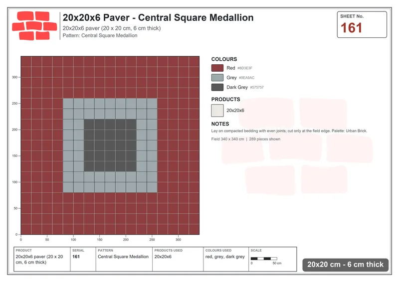Interlock (Pasco) 20x20 cm · SQ22-161 · Central Square Medallion · Laying plan Interlock (Pasco) 20x20 cm · SQ22-161 · Central Square Medallion · Laying plan