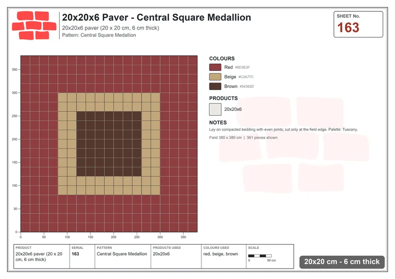 Interlock (Pasco) 20x20 cm · SQ22-163 · Central Square Medallion · Laying plan Interlock (Pasco) 20x20 cm · SQ22-163 · Central Square Medallion · Laying plan