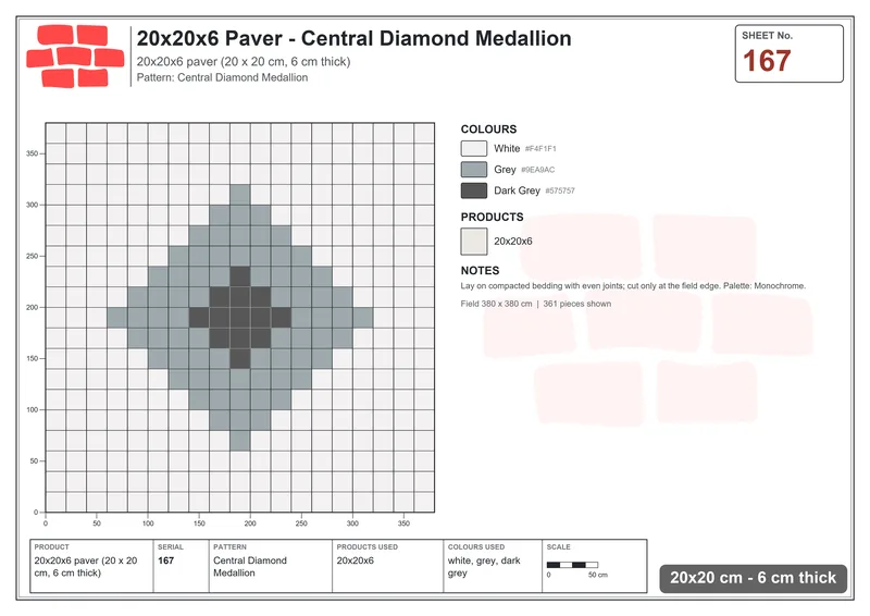 Interlock (Pasco) 20x20 cm · SQ22-167 · Central Diamond Medallion · Laying plan Interlock (Pasco) 20x20 cm · SQ22-167 · Central Diamond Medallion · Laying plan