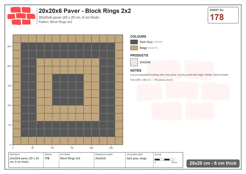 Interlock (Pasco) 20x20 cm · SQ22-178 · Block Rings 2x2 · Laying plan Interlock (Pasco) 20x20 cm · SQ22-178 · Block Rings 2x2 · Laying plan