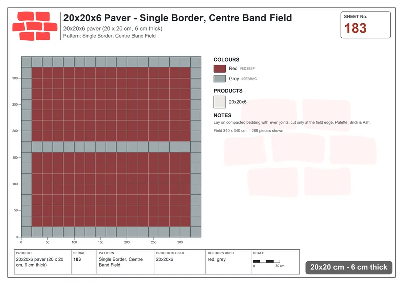 Interlock (Pasco) 20x20 cm · SQ22-183 · Single Border, Centre Band Field · Laying plan Interlock (Pasco) 20x20 cm · SQ22-183 · Single Border, Centre Band Field · Laying plan