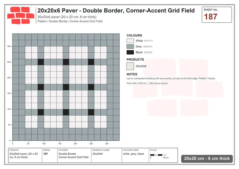 Interlock (Pasco) 20x20 cm · SQ22-187 · Double Border, Corner-Accent Grid Field · Laying plan Interlock (Pasco) 20x20 cm · SQ22-187 · Double Border, Corner-Accent Grid Field · Laying plan