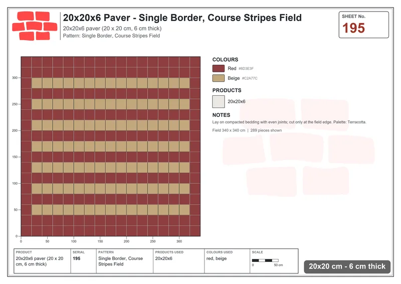 Interlock (Pasco) 20x20 cm · SQ22-195 · Single Border, Course Stripes Field · Laying plan Interlock (Pasco) 20x20 cm · SQ22-195 · Single Border, Course Stripes Field · Laying plan