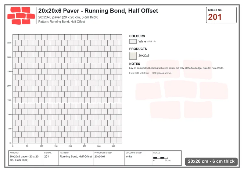 Interlock (Pasco) 20x20 cm · SQ22-201 · Running Bond, Half Offset · Laying plan Interlock (Pasco) 20x20 cm · SQ22-201 · Running Bond, Half Offset · Laying plan