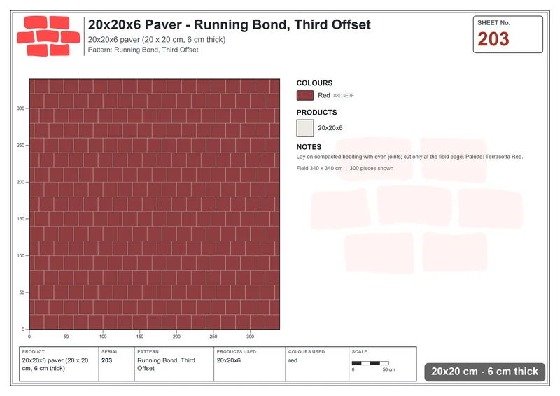 Interlock (Pasco) 20x20 cm · SQ22-203 · Running Bond, Third Offset · Laying plan Interlock (Pasco) 20x20 cm · SQ22-203 · Running Bond, Third Offset · Laying plan