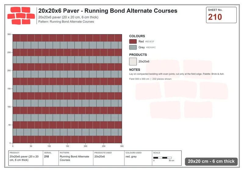 Interlock (Pasco) 20x20 cm · SQ22-210 · Running Bond Alternate Courses · Laying plan Interlock (Pasco) 20x20 cm · SQ22-210 · Running Bond Alternate Courses · Laying plan