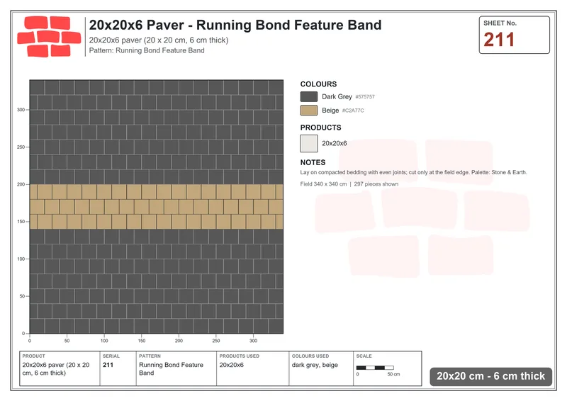 Interlock (Pasco) 20x20 cm · SQ22-211 · Running Bond Feature Band · Laying plan Interlock (Pasco) 20x20 cm · SQ22-211 · Running Bond Feature Band · Laying plan