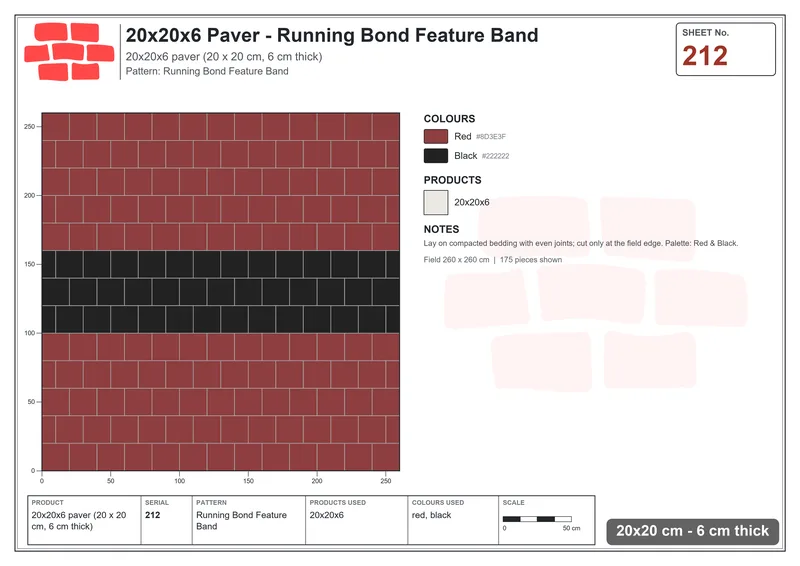 Interlock (Pasco) 20x20 cm · SQ22-212 · Running Bond Feature Band · Laying plan Interlock (Pasco) 20x20 cm · SQ22-212 · Running Bond Feature Band · Laying plan