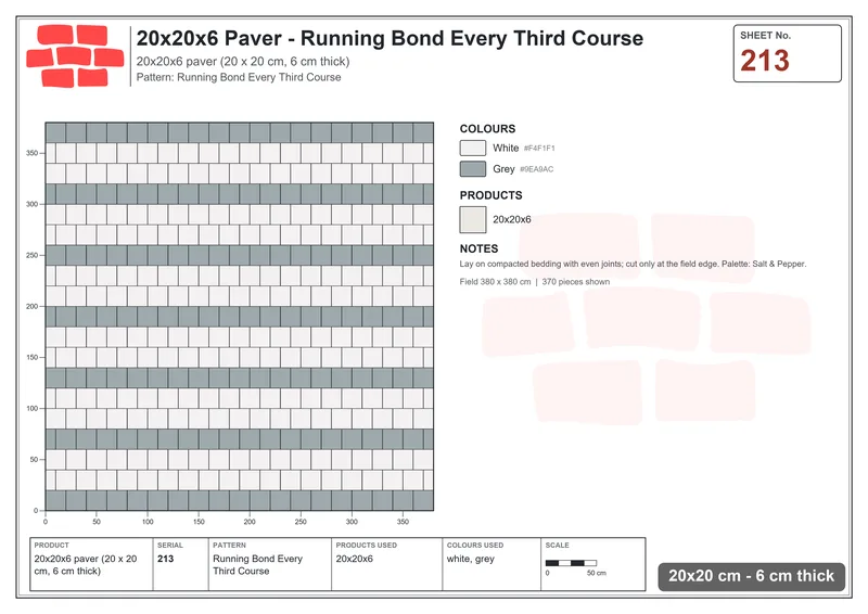 Interlock (Pasco) 20x20 cm · SQ22-213 · Running Bond Every Third Course · Laying plan Interlock (Pasco) 20x20 cm · SQ22-213 · Running Bond Every Third Course · Laying plan