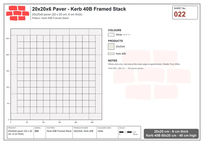 Interlock (Pasco) 20x20 cm · SQ22-22 · Kerb 40B Framed Stack · Laying plan Interlock (Pasco) 20x20 cm · SQ22-22 · Kerb 40B Framed Stack · Laying plan