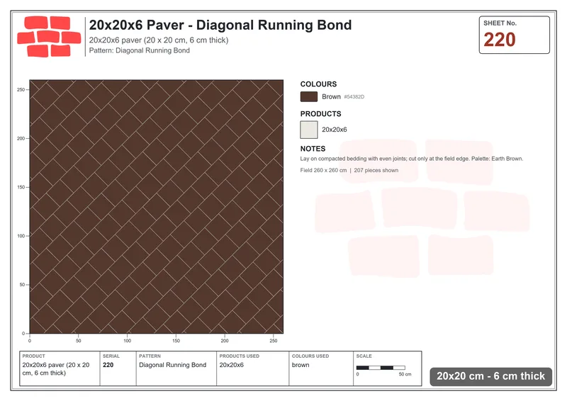 Interlock (Pasco) 20x20 cm · SQ22-220 · Diagonal Running Bond · Laying plan Interlock (Pasco) 20x20 cm · SQ22-220 · Diagonal Running Bond · Laying plan