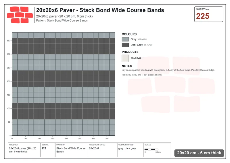 Interlock (Pasco) 20x20 cm · SQ22-225 · Stack Bond Wide Course Bands · Laying plan Interlock (Pasco) 20x20 cm · SQ22-225 · Stack Bond Wide Course Bands · Laying plan