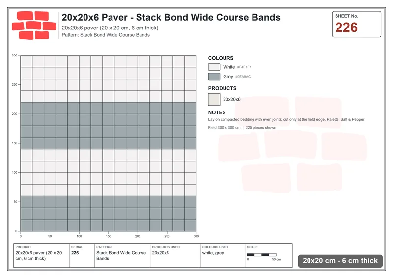 Interlock (Pasco) 20x20 cm · SQ22-226 · Stack Bond Wide Course Bands · Laying plan Interlock (Pasco) 20x20 cm · SQ22-226 · Stack Bond Wide Course Bands · Laying plan