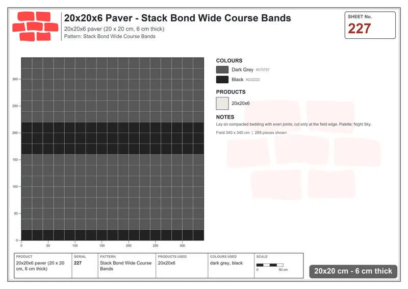 Interlock (Pasco) 20x20 cm · SQ22-227 · Stack Bond Wide Course Bands · Laying plan Interlock (Pasco) 20x20 cm · SQ22-227 · Stack Bond Wide Course Bands · Laying plan