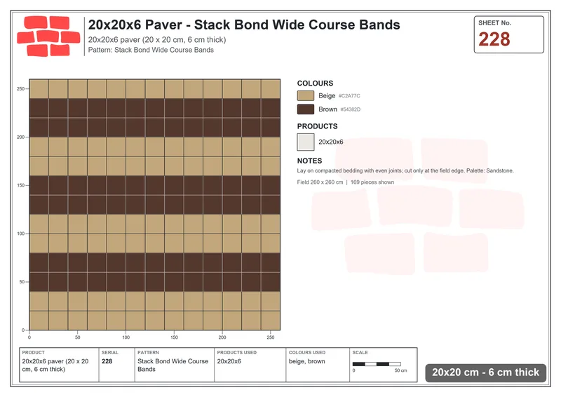 Interlock (Pasco) 20x20 cm · SQ22-228 · Stack Bond Wide Course Bands · Laying plan Interlock (Pasco) 20x20 cm · SQ22-228 · Stack Bond Wide Course Bands · Laying plan
