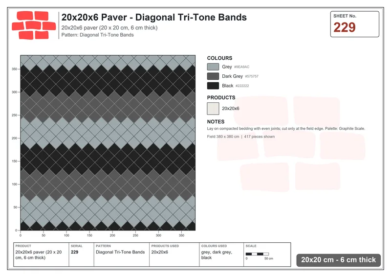 Interlock (Pasco) 20x20 cm · SQ22-229 · Diagonal Tri-Tone Bands · Laying plan Interlock (Pasco) 20x20 cm · SQ22-229 · Diagonal Tri-Tone Bands · Laying plan