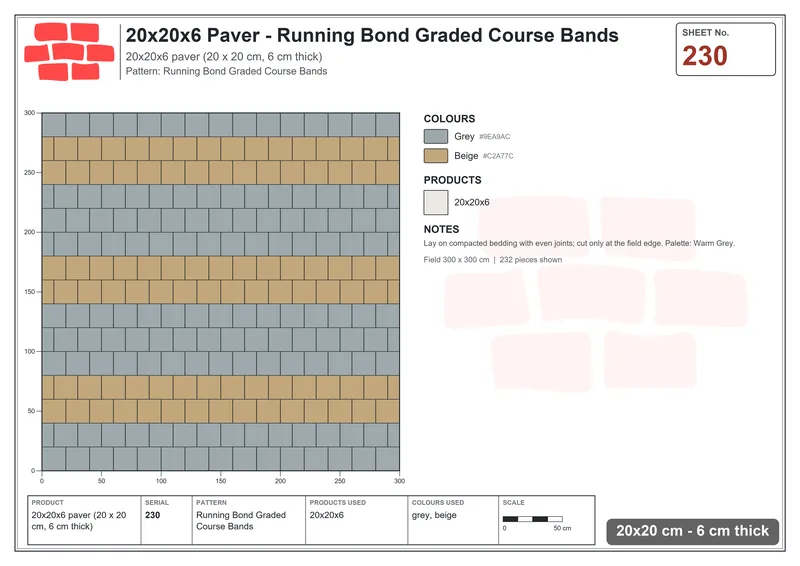 Interlock (Pasco) 20x20 cm · SQ22-230 · Running Bond Graded Course Bands · Laying plan Interlock (Pasco) 20x20 cm · SQ22-230 · Running Bond Graded Course Bands · Laying plan