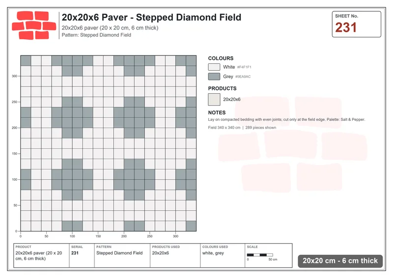 Interlock (Pasco) 20x20 cm · SQ22-231 · Stepped Diamond Field · Laying plan Interlock (Pasco) 20x20 cm · SQ22-231 · Stepped Diamond Field · Laying plan